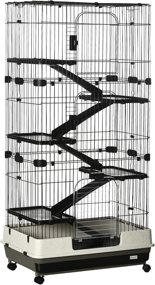 PawHut 6-Level Small Animal Cage Rabbit Hutch with Wheels, Removable Tray, Platform and Ramp for Bunny, Chinchillas, Ferret, Black