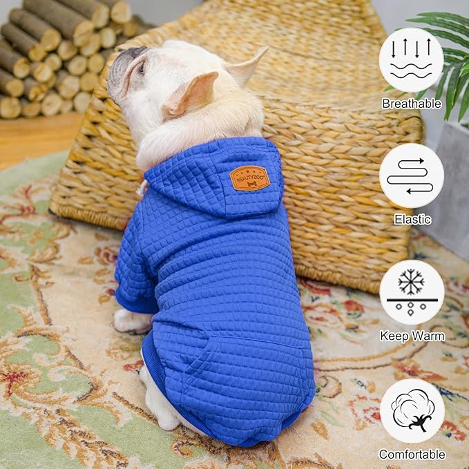 BEAUTYZOO Small Dog Hoodie Sweater with Pockets, Dog Clothes for Small Medium Dogs Boy Girl, Waffle-Like Laminated Cotton Pet Coats with Hat and Leash Hole, Blue S