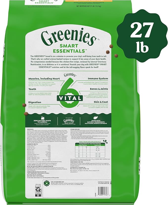 Greenies Smart Essentials Small Breed Adult High Protein Dry Dog Food Real Chicken & Rice Recipe, 27 lb. Bag