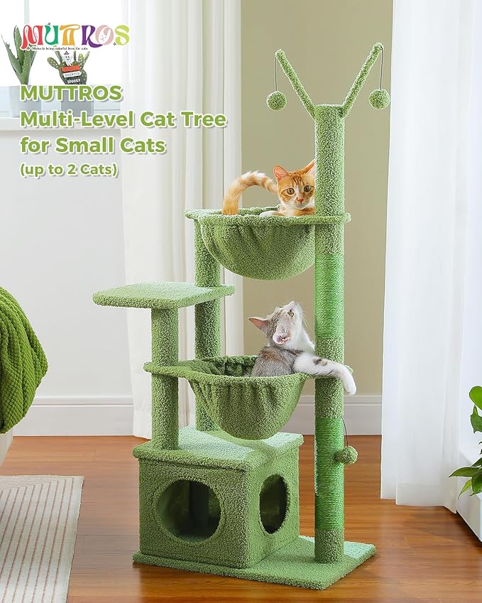 Cactus Cat Tree, 47.6" Cat Tower with 2 Metal Frame Hammock, Cat Scratching Post for Indoor Cats with 2 Removable Pompom Sticks for Kittens, Green