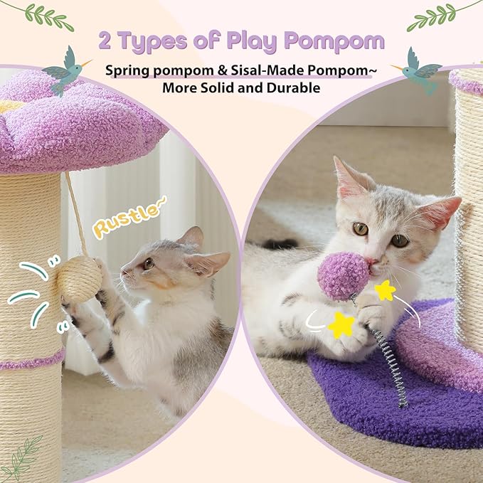 PEQULTI Flower Cat Scratching Post, Small Cat Tree, Scratcher for Indoor Cats with Super Thick Scratching Post [Dia=5.5''], Removable Flower Bed, Cat Scratch Post with Spring Ball, Purple