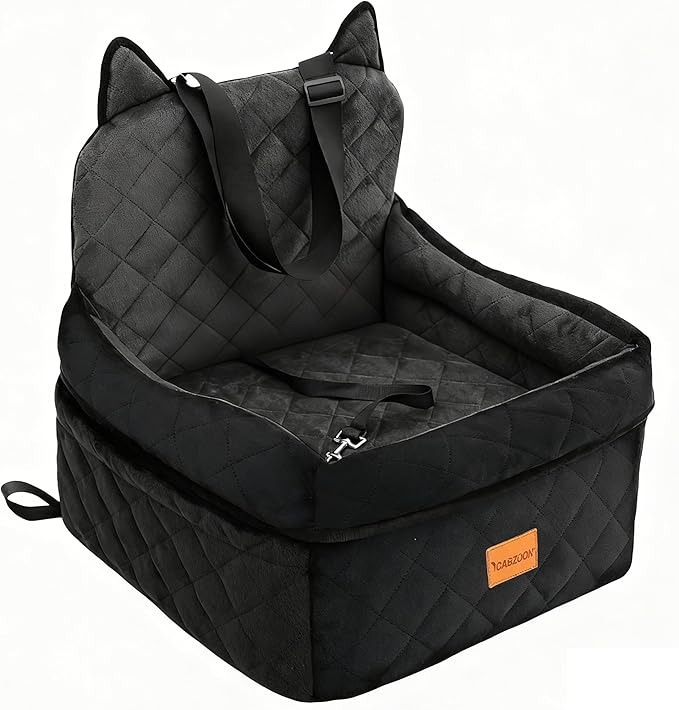 Dog Car Seat for Small/Medium Dogs Up to 35lbs,Elevated Cushion Fits in Front/Back Seat,Travel Safety Per Car Bed with Washable Removable Cover, Storage 2 Pockets Black