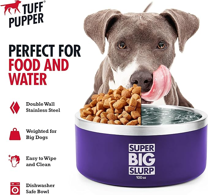 Tuff Pupper 100 oz Heavy Duty Insulated Stainless Steel Dog Bowl for Large Dogs, Non-Slip Base, Dishwasher Safe
