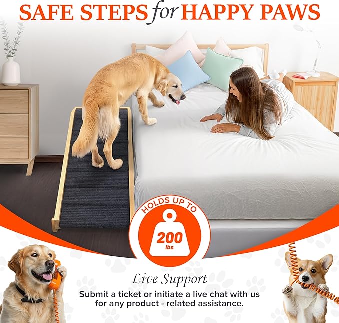 Adjustable Dog Ramp for Bed - Foldable Wooden Ramp For Dogs to Get on Bed, Couch, or Car - Ideal for Small, Medium, and Large Breeds (Natural Wood with Grey Carpet) (Natural Wood, Large)