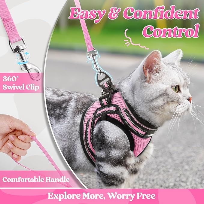 rabbitgoo Cat Harness and Leash Set for Walking Escape Proof, Adjustable Soft Kittens Vest with Reflective Strip for Cats, Comfortable Outdoor Vest, Pink, XL