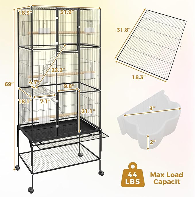 69-Inch Extra Large Bird Cage, Parakeet Bird Cage with Detachable Storage Stand, Rolling Cockatiel Cage for Mid-Sized Parrots Cockatiels Canaries Lovebirds Conures Finch, Black