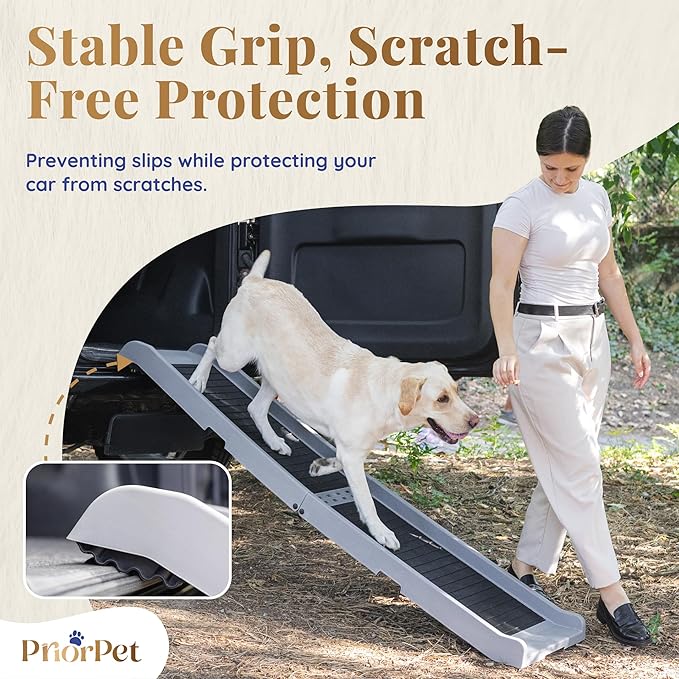 Dog Ramp for Car - 68,5" Long & 15" Wide - Rubber Anti-Slip Dog ramps for Large Dogs - Stable Dog Car Ramp 300 Pounds Capacity - Foldable Pet Ramp for Truck - Portable Folding Dog Ramp - Light Gray