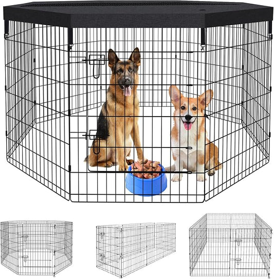 Peekaboo Pet Playpen Dog Fence Foldable Metal Dog Pen Wire Exercise Puppy Play Yard Pet Enclosure Indoor Outdoor 8 Panels 36 Inch with Bottom Pad/Top Cover(Black 36 top Cover)