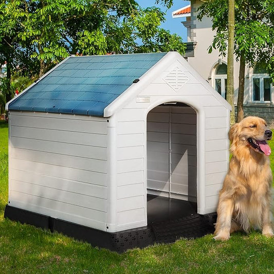 PUKAMI Plastic Outdoor Indoor,Durable Dog House for Small Medium Large Dogs,Waterproof, with Elevated Floor and Air Vents,Ventilate & Easy Clean and Assemble(Blue, 34inch)