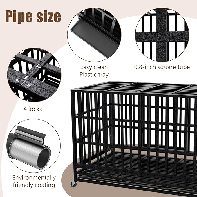 48 Inch Heavy Duty Dog Crate Kennel with Wheels, High Anxiety Indestructible Dog Crates for Large Dogs, XL XXL Extra Large Dog Crate with Removable Plastic Tray, Two Locks (Black, Square)