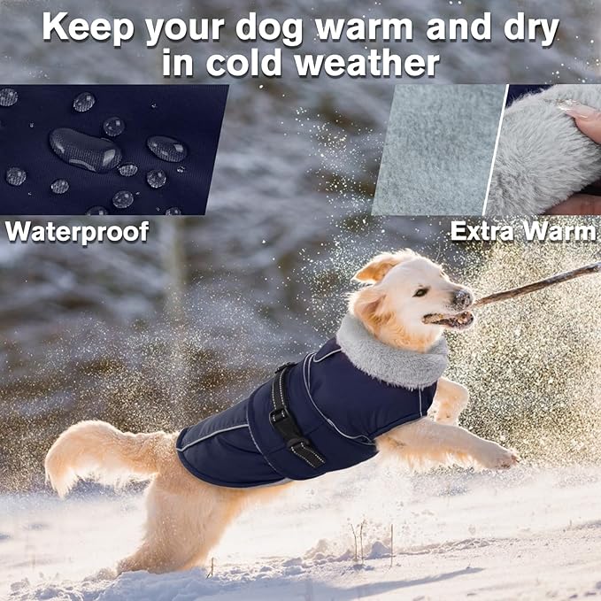 Lelepet Warm Dog Coat Reflective Fleece Vest Waterproof Dog Jacket with Adjustable Buckle Hook & Loop Windproof Cold Weather Coats for Small Medium Large Dogs, Navy Blue, S