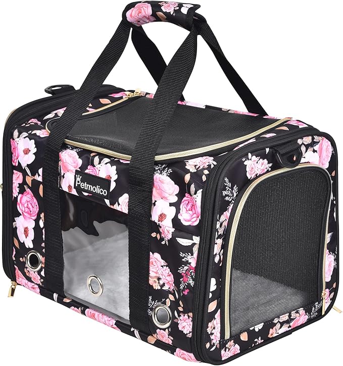 Petmolico Cat Carrier Soft-Sided Pet Bag for Small Medium Cats Puppies 16LBs - Airline Approved Pet Travel Carrier 3 Open Doors (Medium,Pink Peony)