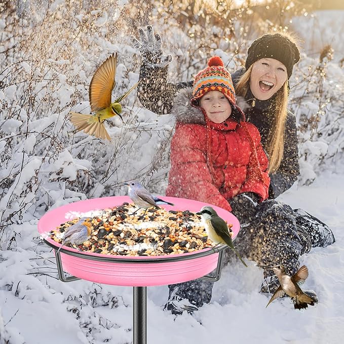 28In Freestanding Birdbaths Bowl Outdoor, Standing Garden Bird Bath Bird Feeder Bowl with Metal Stake, Detachable Decoration Spa Birdfeeder for Garden Patio Yard Lawn, 4 Spiky Feet (Pink)