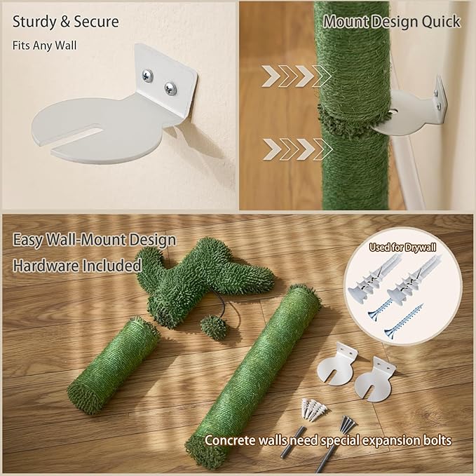 Wall Mounted Cat Scratcher – 35" Extra Tall Vertical Sisal Scratching Post with Cactus Design & Hanging Ball Toy, Space-Saving Cat Wall Climber for Indoor Cats, Green