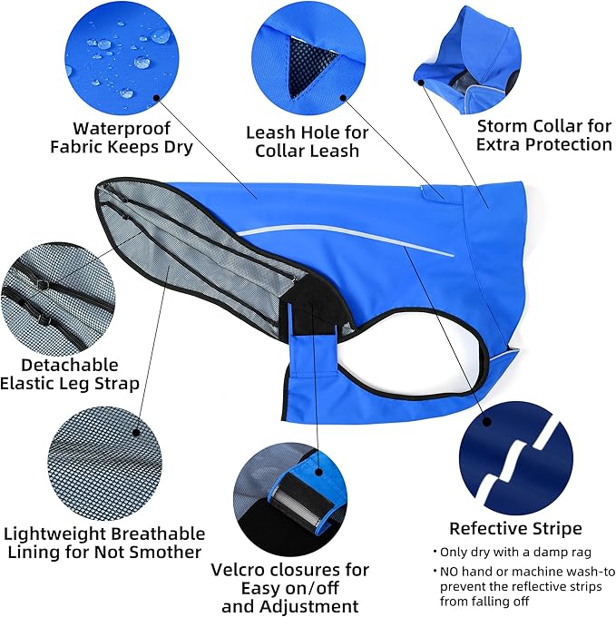 Mile High Life Dog Raincoat, Adjustable Waterproof Reflective Rain Jacket for Small Medium Large Dogs, Lightweight Breathable Pet Rain Coat with Leash Hole(Blue,L Chest 32-40")