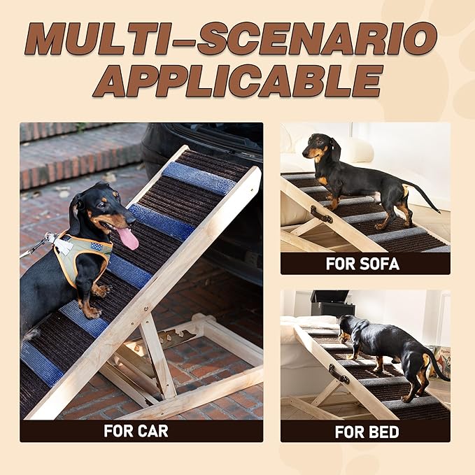 Dog Ramp for Bed, Adjustable & Folding with 6 Adjustable Height, Rugged, Anti-Slip, Dog Ramp for Couch, Folding Portable Wooden Pet Ramps, for Small & Large Dogs & Cats