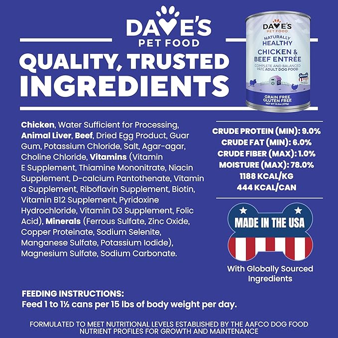 Dave's Pet Food Wet Dog Food & Topper (Chicken & Beef), Made in USA Naturally Healthy Canned with Added Vitamins & Minerals, Gluten Free, 13.2 oz (12 Pack)