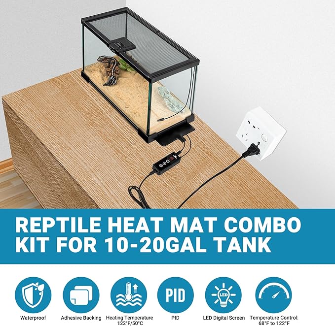 Reptile Heat Pad with Dimming Thermostat, 6" X 8" 8W Heating Pad Combo Set for 10-20 Gallon Reptile Tank, Under Tank Heater for Reptiles, Turtle, Snake, Lizard, Hermit Crab, Frogs, Seed