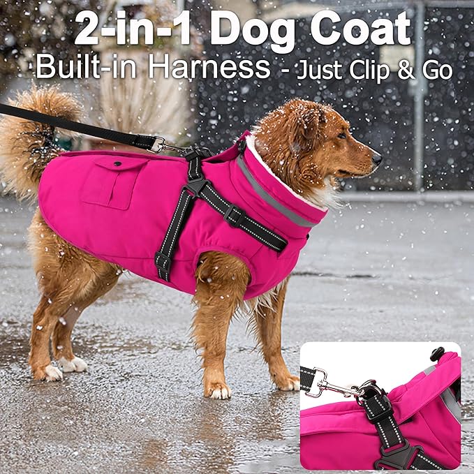 Dogcheer Dog Coat with Harness, Waterproof Dog Jacket Christmas Puppy Winter Coat with Pockets, Reflective Doggy Winter Jacket Soft Pet Fleece Snow Jacket for Small Medium Large Dogs - Pink, XS