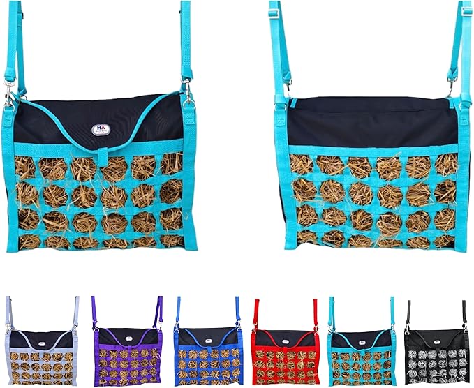 Majestic Ally Animal Health Hay Bag for Horses, 2.5" Holes, Top Load, Travel Feeder, Reduces Waste, 1 Year Warranty, Multiple Colors (Turquoise-Black)