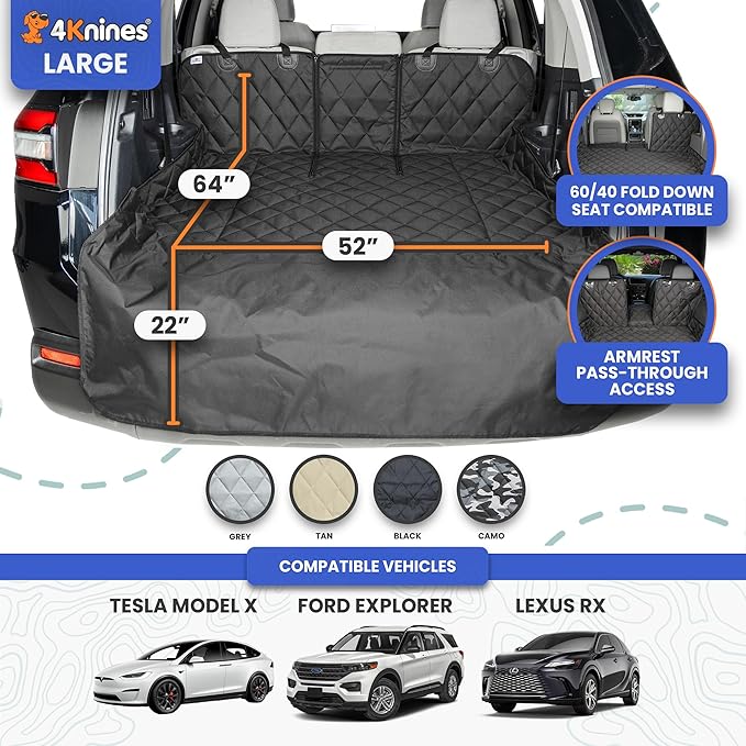 4Knines SUV Cargo Liner for Dogs, Trunk Mat for SUV, Durable Cargo Cover, Protector – Compatible with 60/40 Split Bench & Armrest Pass-Through, Waterproof, Machine Washable, Non-Slip (Large, Black)