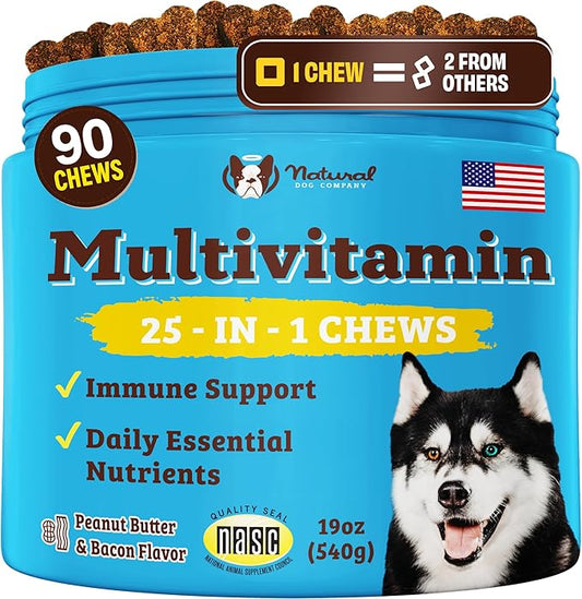 Natural Dog Company Multivitamin for Dogs – Daily Soft Chews with Vitamins, Minerals & Antioxidants, Immune & Joint Support, for All Ages, Sizes & Breeds, Bacon & Peanut Butter – 90 Count