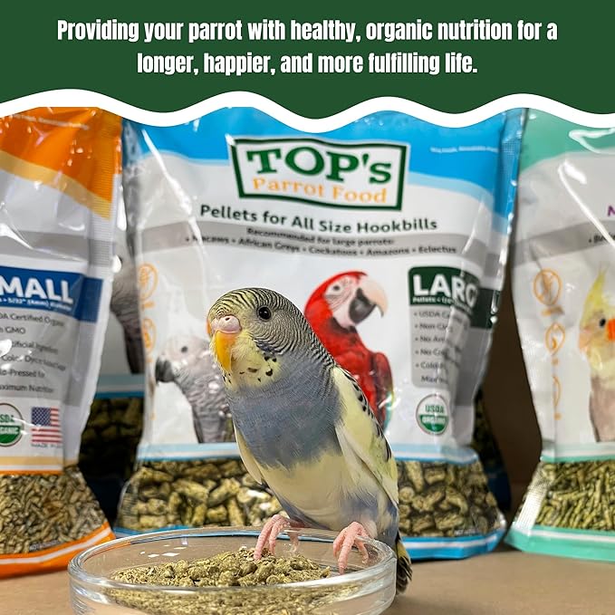 TOP's Parrot Food Pellets Hookbills, Small, Medium and Large Parrots - Non-GMO, Peanut Soy & Corn Free, USDA Organic Certified - 10 lb / 4.53 kg