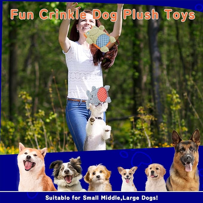 Crinkle Dog Toys Squeaky Plush No Stuffing Cute Puppy Stuffless Tough Rop Pull Toy, Fun Dog Stuffed Animals Durable Chew Set for Small Medium Large Pup (Large, Green Frog+Blue Dog)
