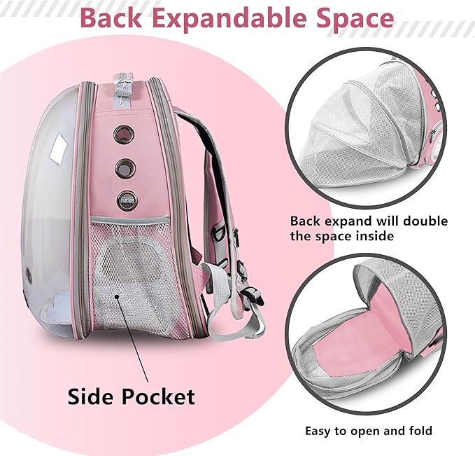 Cat Backpack Carrier Bubble Expandable Foldable Breathable Pet Carrier Dog Carrier Backpack for Large Big Cats Hiking, Travelling, Camping (Back Expandable-Pink)