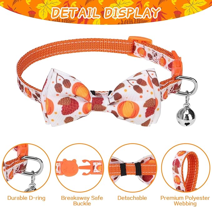 SCENEREAL Fall Cat Collar Breakaway, 3 Pack Kitten Collars with Bell, Bowtie and Safety Buckle - Adjustable Cute Holiday Thanksgiviing Cat Collars with Turkey and Pumpkin Pattern for Girl Boy