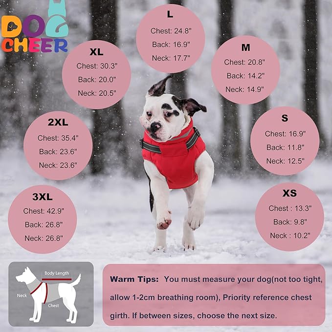 Dogcheer Dog Coat with Harness, Waterproof Dog Jacket Christmas Puppy Winter Coat with Pockets, Reflective Doggy Winter Jacket Soft Pet Fleece Snow Jacket for Small Medium Large Dogs - Red, XL