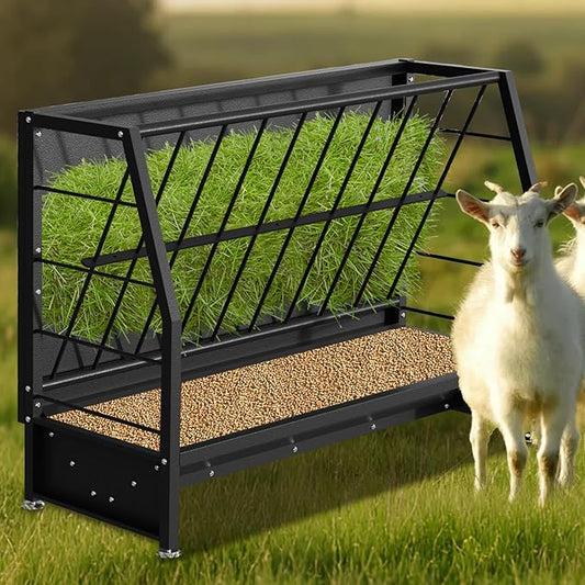 Goat Hay Feeder, 2 in 1 Heavy-Duty Galvanized Metal Pasture Hay Feeder 50 Gallon, Livestock Hay Feeder with Deeper Feeding Pan, Hay Feeder for Sheep, Goats, Calf, Cow and Horse