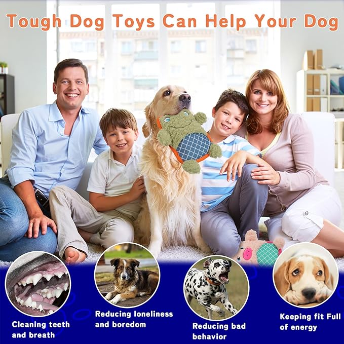Crinkle Dog Toys Squeaky Plush No Stuffing Cute Puppy Stuffless Tough Rop Pull Toy, Fun Dog Stuffed Animals Durable Chew Set for Small Medium Large Pup (Large, Pink Pig+Green Frog)