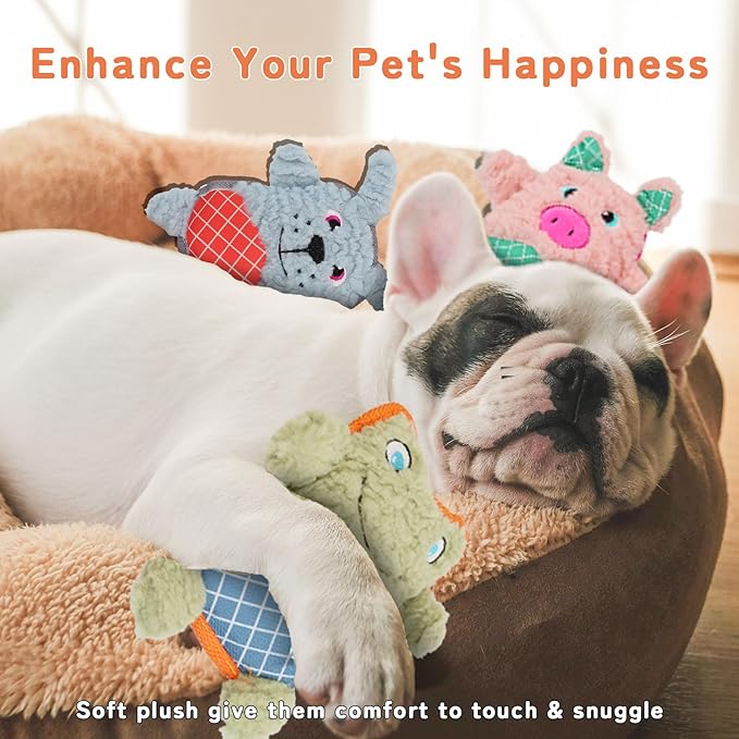 Crinkle Dog Toys Squeaky Plush No Stuffing Cute Puppy Stuffless Tough Rop Pull Toy, Fun Dog Stuffed Animals Durable Chew Set for Small Medium Large Pup (Large, Pink Pig+Green Frog+Blue Dog)
