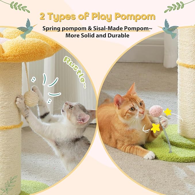 PEQULTI Flower Cat Scratching Post, Small Cat Tree, Scratcher for Indoor Cats with Super Thick Scratching Post [Dia=5.5''], Removable Flower Bed, Cat Scratch Post with Spring Ball, Yellow