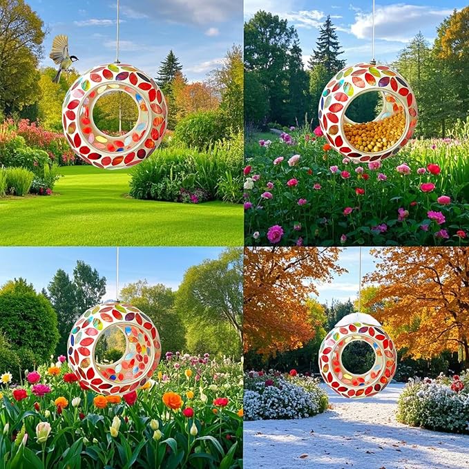Mosaic Bird Feeder, Outside Hanging with Round Shape Glass BirdFeeders to Attract More Wild Birds, Mosaic Fly Through for Garden, Yard, Backyard, Deck and Porch Decor, Red 7-Inch