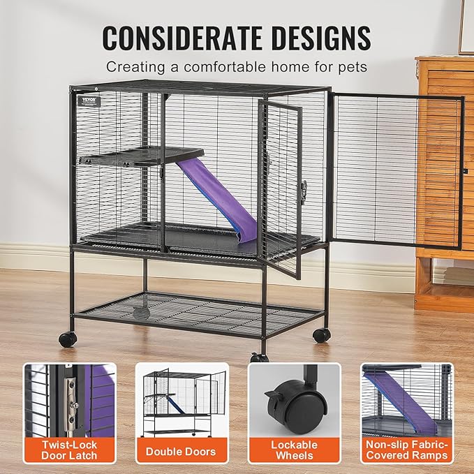 VEVOR 39" Rolling Metal Ferret Cage, Large 2-Tier Critter Nation Cage, Small Animal Cage with Ramps & Tray, Easy to Set up for Pet Mice, Hamster, Guinea Pig, Chinchilla, Squirrel, Hedgehogs, Bunny