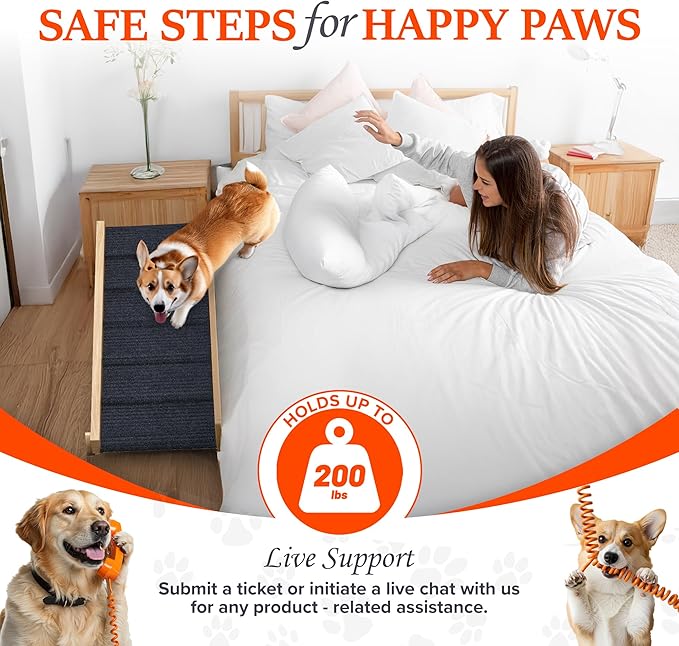 Adjustable Dog Ramp for Bed - Foldable Wooden Ramp for Dogs to Get on Bed, Couch, or Car - Ideal for Small, Medium, and Large Breeds (Natural Wood with Grey Carpet)