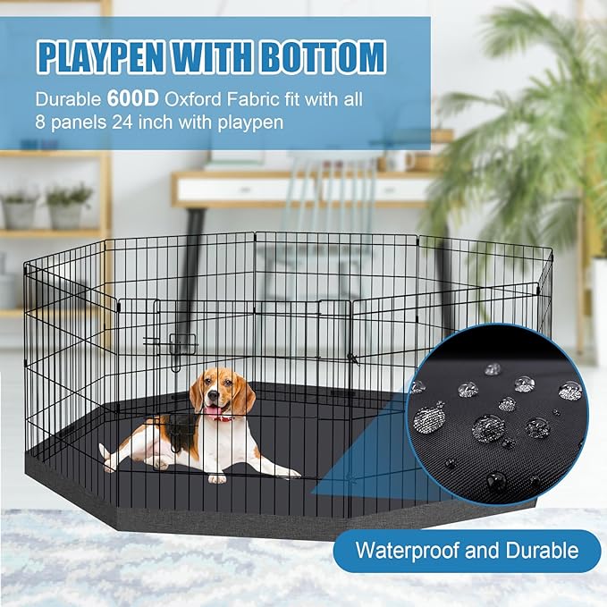 Foldable Metal Wire Dog Pen Pet Playpen Dog Fence Indoor Exercise Pen Enclosure Indoor Outdoor with Bottom Pad and Top Cover (Black 24 top Bottom Cover)
