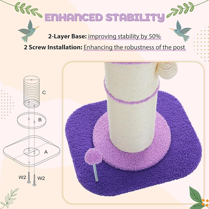 PEQULTI Flower Cat Scratching Post, Small Cat Tree, Scratcher for Indoor Cats with Super Thick Scratching Post [Dia=5.5''], Removable Flower Bed, Cat Scratch Post with Spring Ball, Purple