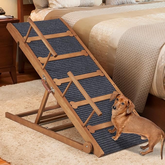 Wooden Dog Ramp for High Bed, 47.2" Long Non-Slip Dog Ramp for Couch, 6 Adjustable Heights from 15.7" to 28" with Side Rails for Small Medium Large Dogs(Up to 160 Lbs)