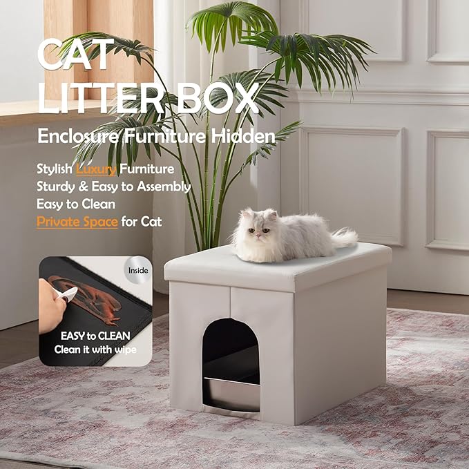 MEEXPAWS Cat Litter Box Enclosure Furniture Hidden, Cat Washroom Bench Storage Cabinet |Large 25.6'' x 17.7'' x 17.7''| Dog Proof | Waterproof Inside/Easy Clean | Easy Assembly | Odor Control(Black)
