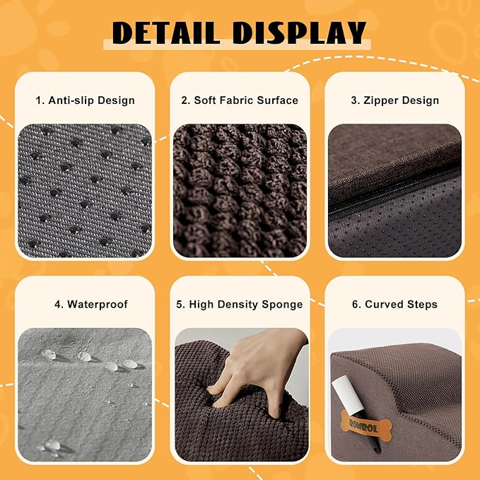 High Density Foam Dog Stairs Ramp for Beds Couches, Romrol Pet Steps with Durable Non-Slip Waterproof Fabric Cover, Dog Slope Stairs Friendly to Small Dogs and Cats or Pets Joints, 2-Tiers