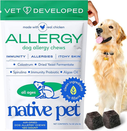 Native Pet Dog Allergy Chews - Dog Allergy Relief with Probiotics and Colostrum for Itchy Skin Relief to Support Seasonal Allergy and Healthy Immune System - All Natural Anti-Histamine - 120 Chews