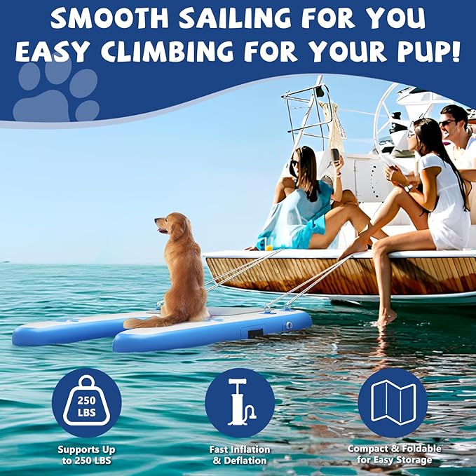 Dog Boat Ramp - Inflatable Dog Pool Ramp for Boat (40" x 35.5"), Non-Slip Water Ladder for Dock, for Pets Up to 250 lbs, Easy Access from Swim Platform, Pool or Floating Docks for Lakes, Blue