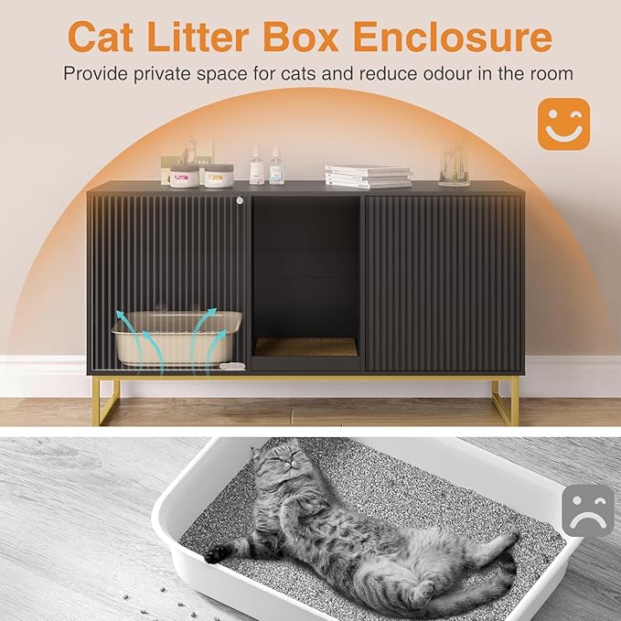 Litter Box Enclosure for 2 Cats, Fluted Hidden Cat Litter Box Furniture with Scratch Pad and Metal Legs, Modern Double Room Kitty House for Living Room, Washroom, 47.2”L x 17.7”W x 25.9”H, Black