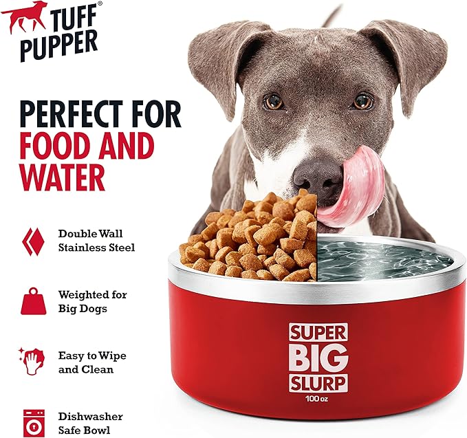 Tuff Pupper 100 oz Heavy Duty Insulated Stainless Steel Dog Bowl for Large Dogs, Non-Slip Base, Dishwasher Safe