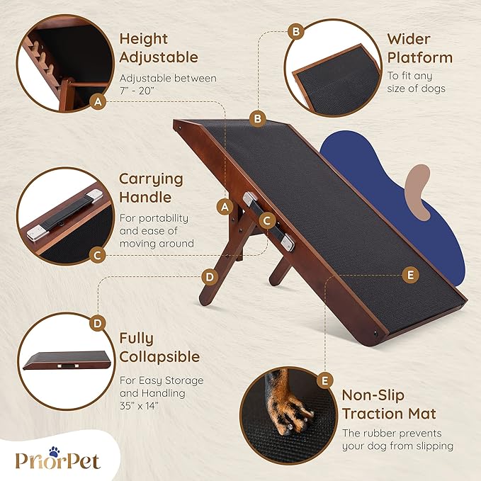 Dog ramp for Couch – Non-Slip, Sturdy Build Foldable Dog ramp – Supports up to 200lbs – Adjustable 7'' to 20'' – Landing Platform Seamlessly Connects – Birchwood Pet Ramp for Small Dogs – Walnut