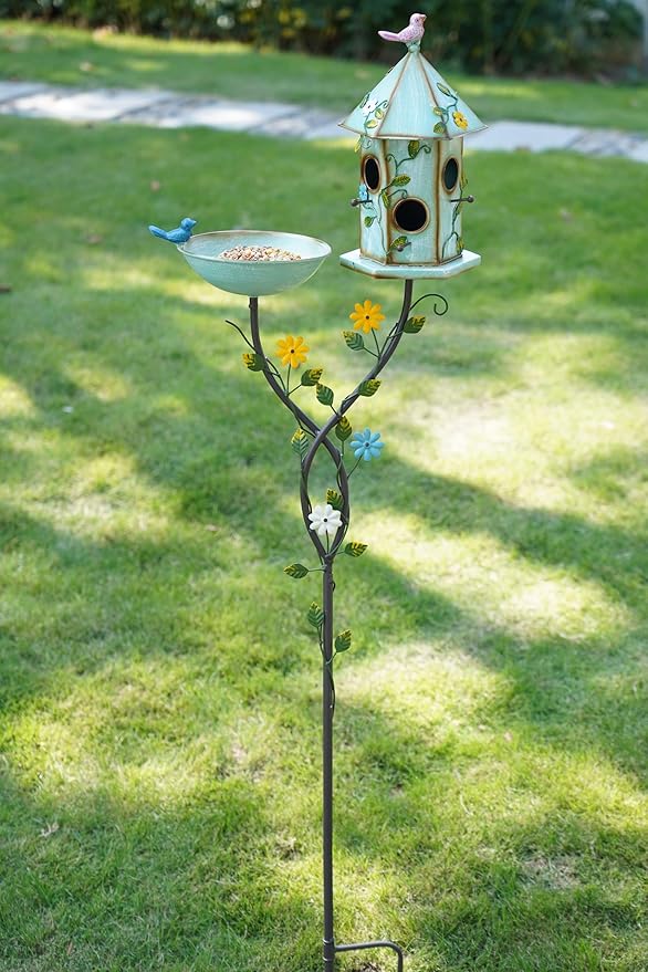 56" H Bird Baths and Bird Houses with Pole,Metal Bird Bath Bowl,birdhouses for Outdoors,Bird Bath with Stake,Garden Yard Decor