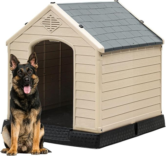 DWVO Large Plastic Dog House, Weatherproof Outdoor/Indoor Doghouse, Puppy Kennel with Air Vents and Elevated Floor, 41.3''L*38''W*38.8''H, Gray+Brown